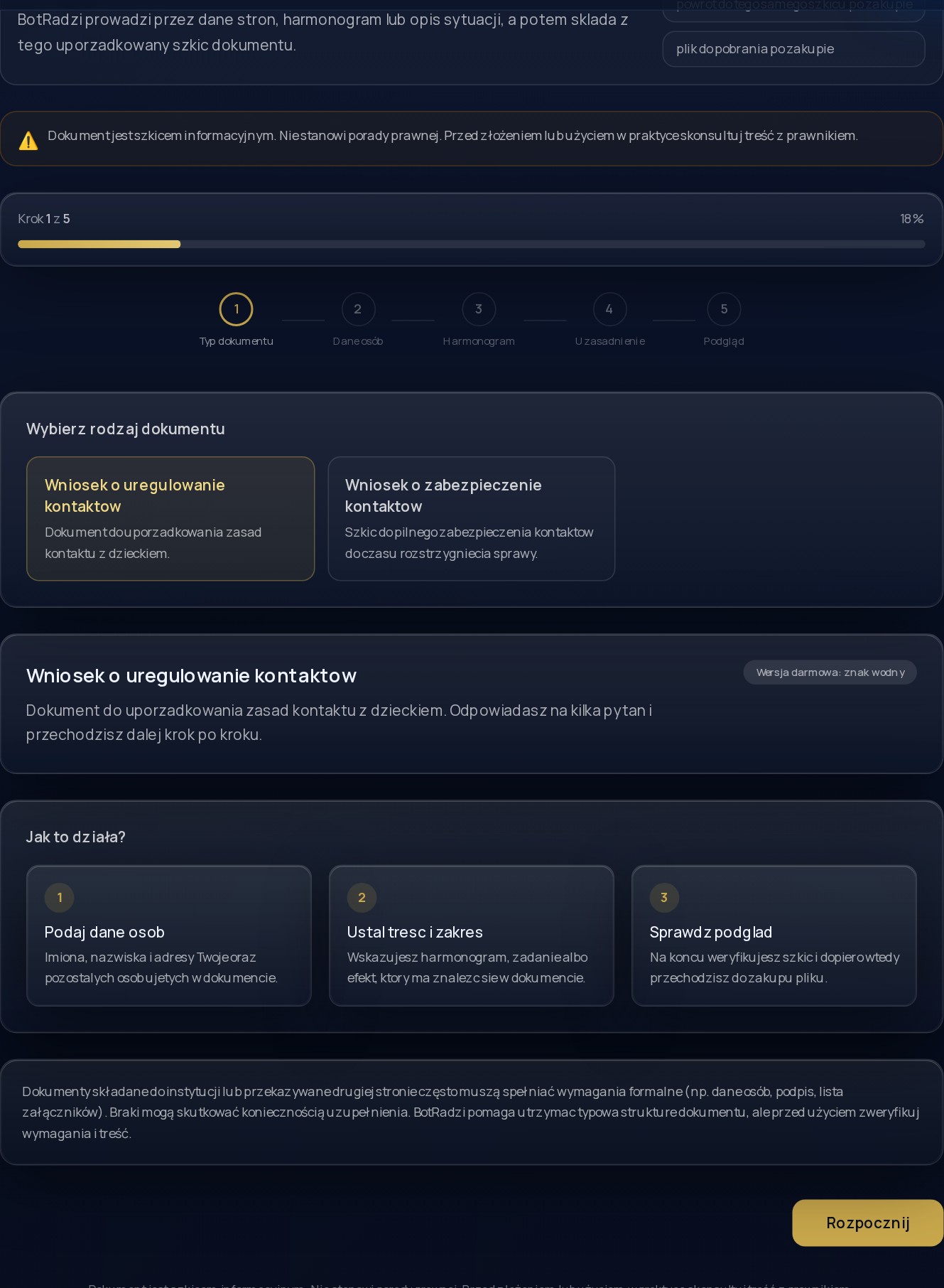 Ekran tworzenia dokumentu z wyborem rodzaju dokumentu i kolejnymi krokami.