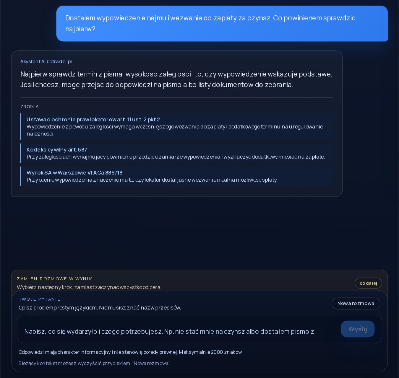 Przykładowy widok rozmowy BotRadzi dla tematu: Reklamacja zakupu online: checklista i kolejność działań.
