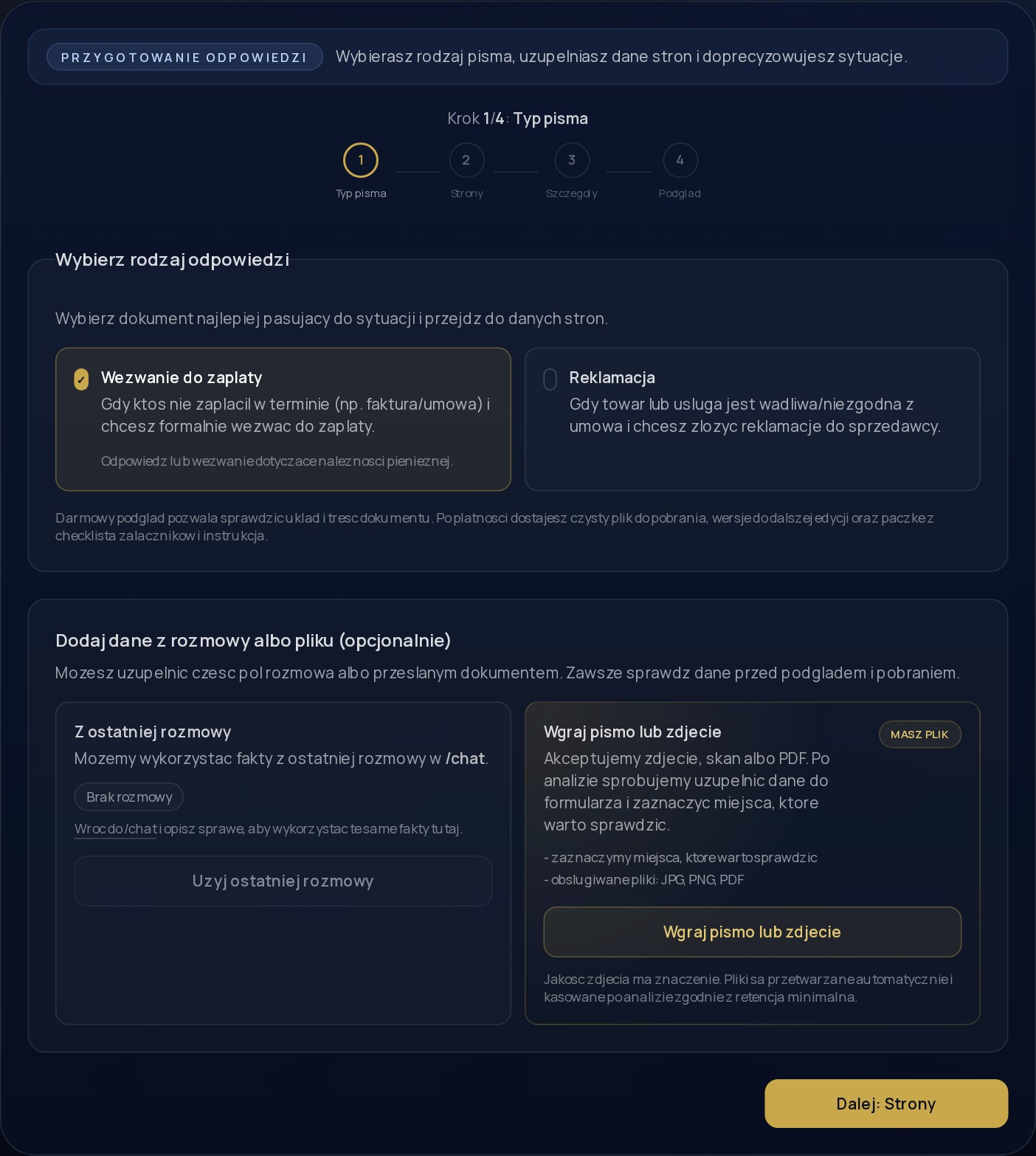 Ekran tworzenia odpowiedzi na pismo z kolejnymi krokami i polami do uzupełnienia.